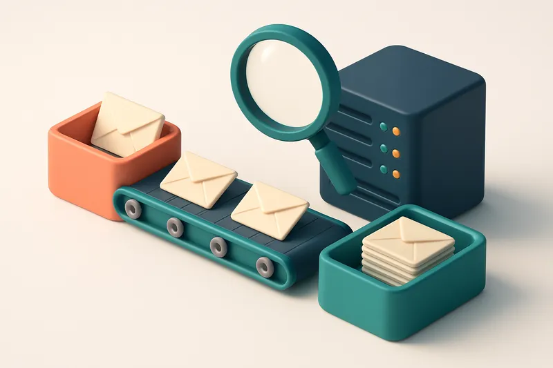 An isometric desk with a conveyor belt moving envelopes from a red 'discard' zone to a green 'valid' tray, a server with
