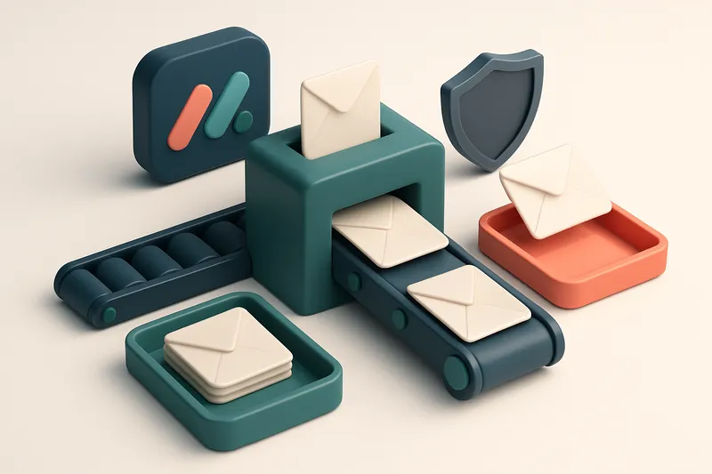 an isometric email inbox with envelopes being sorted onto a green 'valid' tray and a red 'invalid' tray, a conveyor belt