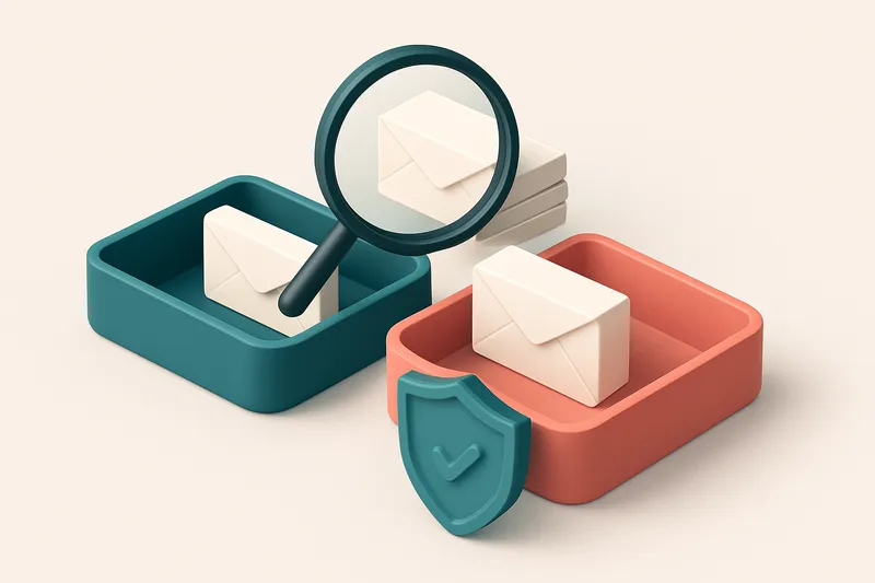 An isometric email inbox with envelopes being sorted onto a green 'valid' tray and a red 'invalid' tray, a magnifying gl