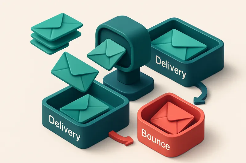 an isometric inbox with green envelopes labeled 'Valid' flowing into a 'Delivery' tray and red envelopes labeled 'Invali