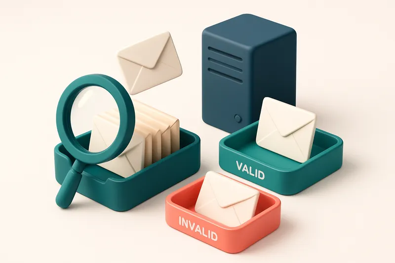 An isometric email inbox with envelopes being sorted onto a green 'valid' tray and a red 'invalid' tray, a magnifying gl