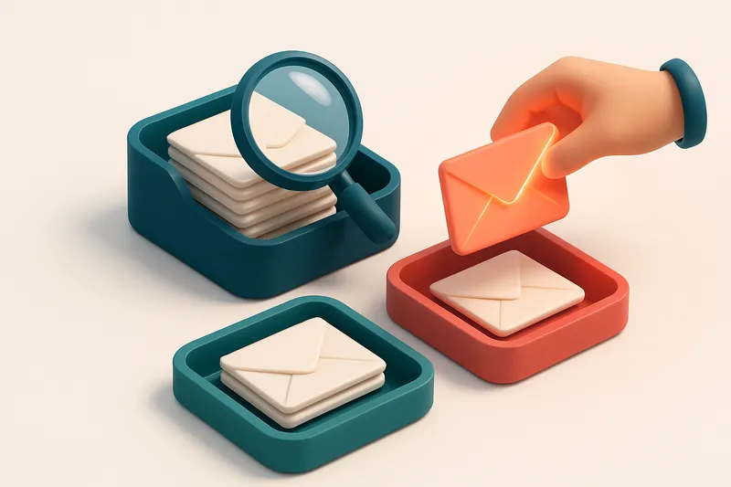 an isometric email inbox with envelopes being sorted onto a green 'valid' tray and a red 'invalid' tray, a magnifying gl