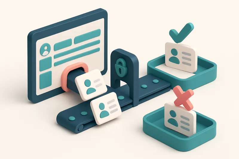 An isometric view of a Monday.com board with contact cards being pulled into a conveyor belt that splits them into two t