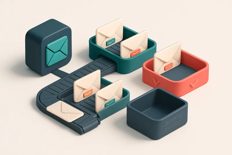 an isometric email inbox with envelopes labeled 'valid', 'risky', 'invalid', and 'catch-all' being routed through a conv