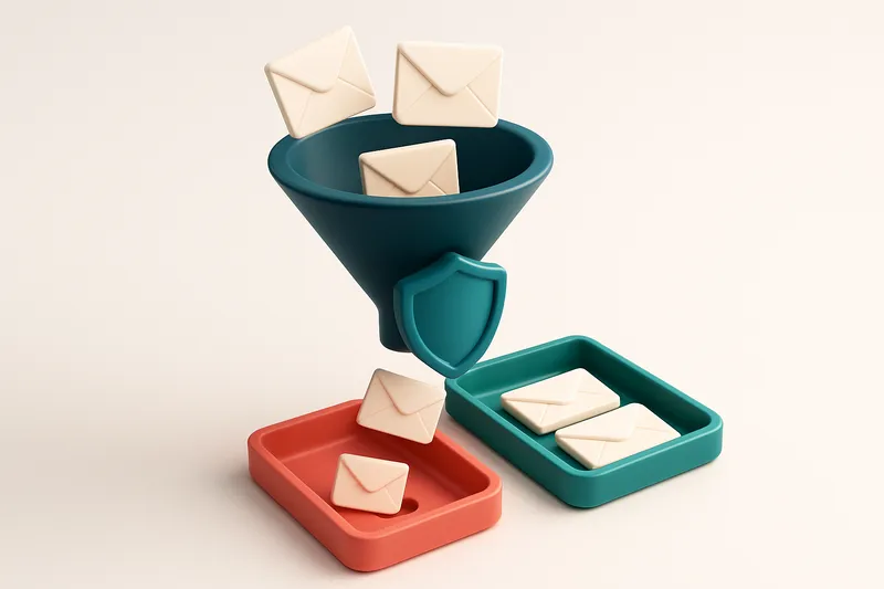 A 3D isometric illustration of a funnel with incoming envelopes labeled 'prospects' entering the top, passing through a