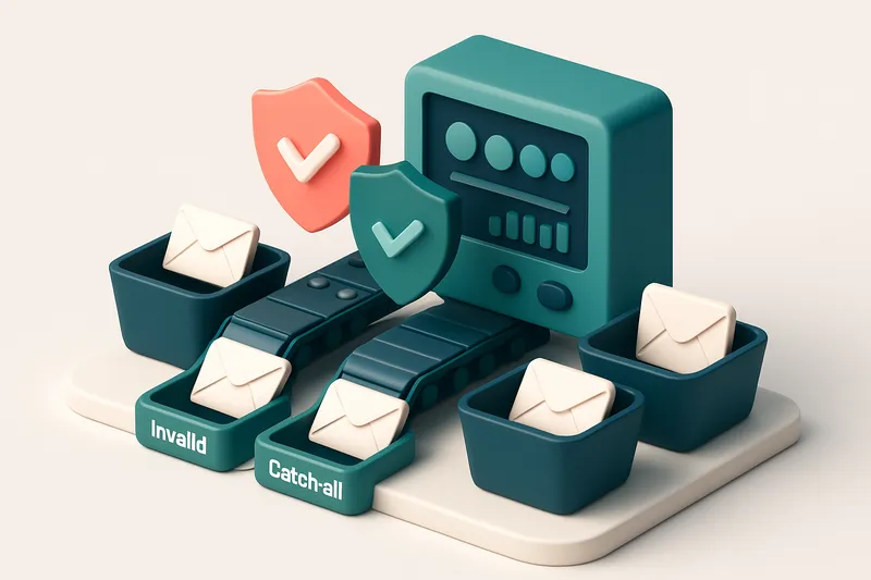 an isometric factory floor with conveyor belts moving labeled envelopes marked 'invalid', 'catch-all', and 'valid' into