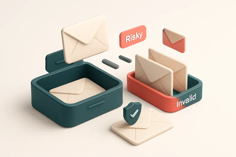 An isometric email inbox with envelopes being sorted onto a green 'valid' tray and a red 'invalid' tray, a red 'catch-al