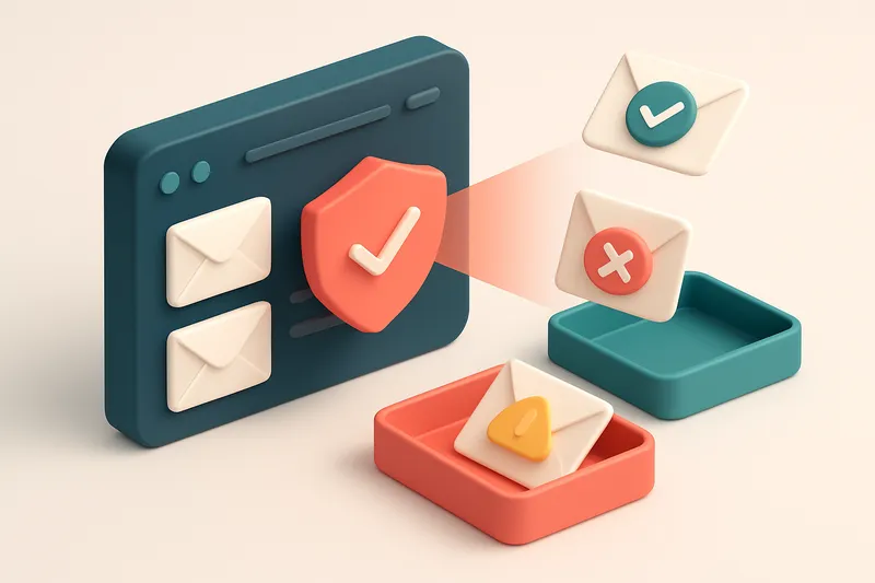 An isometric view of a logistics dashboard with incoming email notifications being scanned by a red 'validation shield'