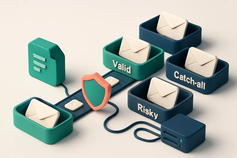 An isometric email inbox with envelopes labeled 'Valid', 'Invalid', 'Catch-all', and 'Risky' being sorted onto separate