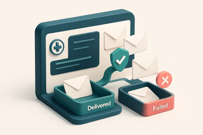An isometric medical appointment dashboard with a digital inbox receiving patient emails, each envelope scanned by a gre