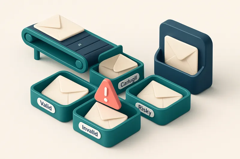 an isometric email inbox with envelopes labeled 'valid', 'invalid', 'catch-all', and 'risky' being sorted onto separate