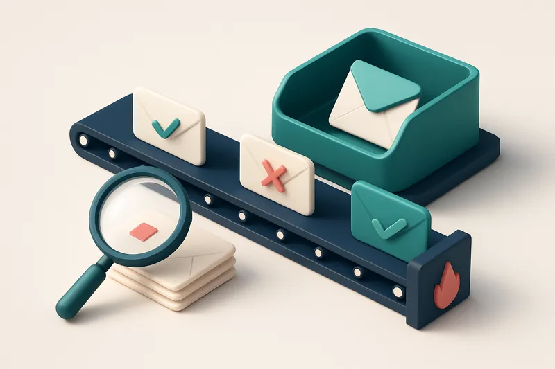 Hero: an isometric inbox with envelopes being sorted by a conveyor belt—green 'valid' envelopes go to the inbox, red 'in