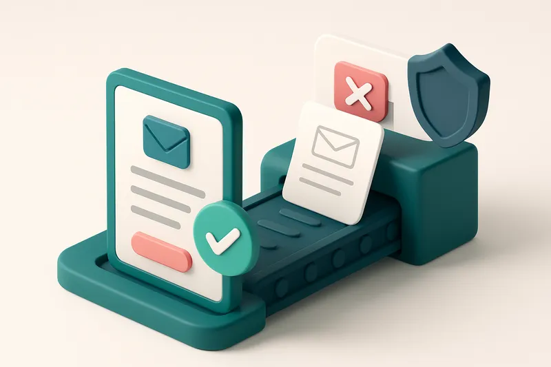 An isometric email form with a green 'verified' stamp on a real email and a red 'invalid' stamp on a fake one, both pass