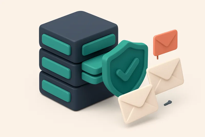 An isometric server rack with multiple labeled email plugins (Contact Form 7, WP Forms, Mailchimp) sending envelopes thr