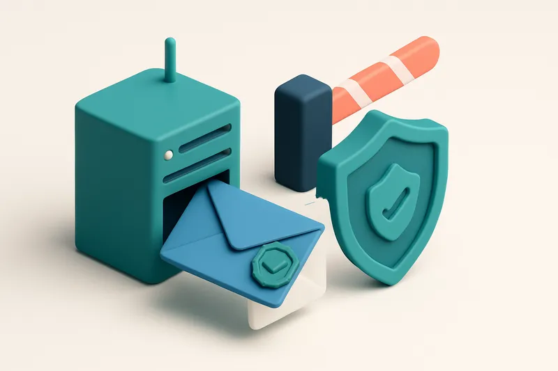 Hero: an isometric email server sending a blue envelope through a shield labeled 'DKIM Authentication,' with a green 'De