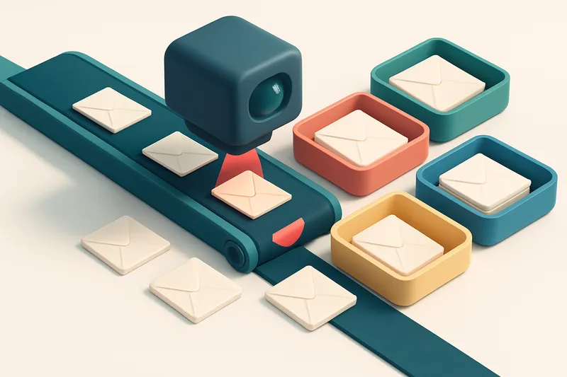 An isometric conveyor belt with envelopes labeled 'valid', 'invalid', 'risky', and 'catch-all' being sorted into separat