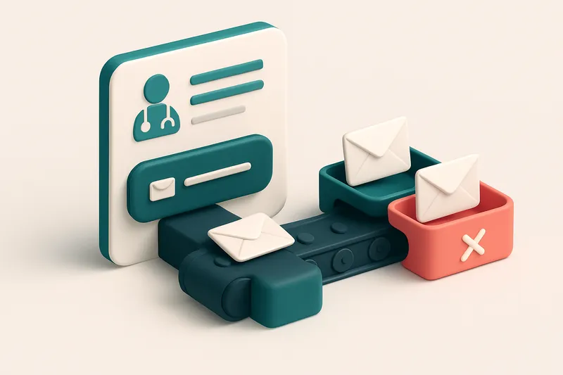 A 3D isometric illustration of a telemedicine registration portal with patient forms, an email input field, and a convey