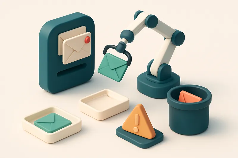 an isometric email inbox with envelopes being sorted by a robotic arm: green 'valid' envelopes go to a clean tray, red '