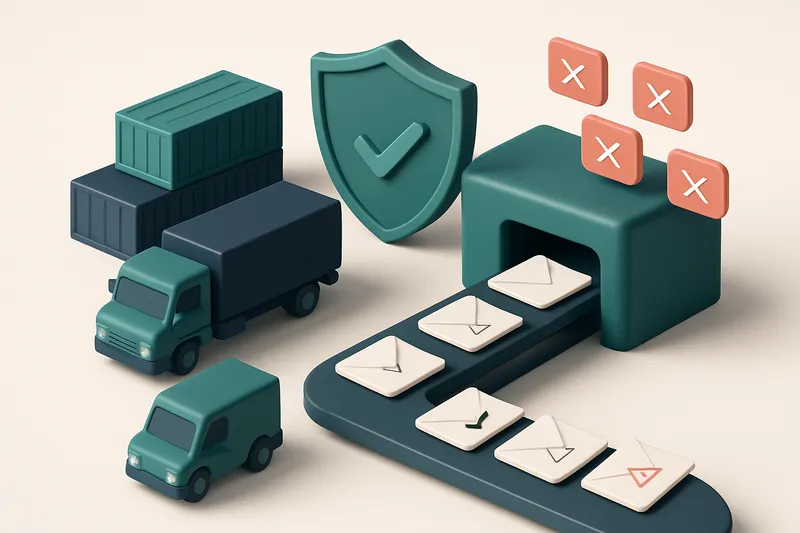 An isometric freight terminal with trucks, shipping containers, and a conveyor belt moving labeled envelopes marked 'Val