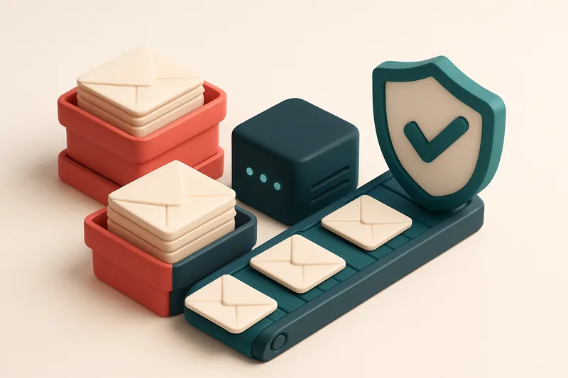 An isometric stack of envelopes labeled 'invalid' and 'risky' sorted into red trays, while validated emails on green tra