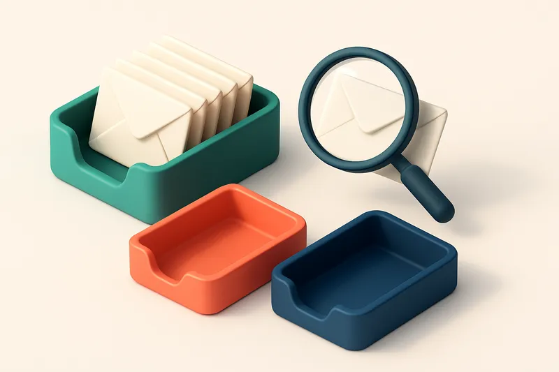 An isometric view of a green inbox with envelopes stacked neatly; a red 'invalid' tray and a blue 'catch-all' tray sit b