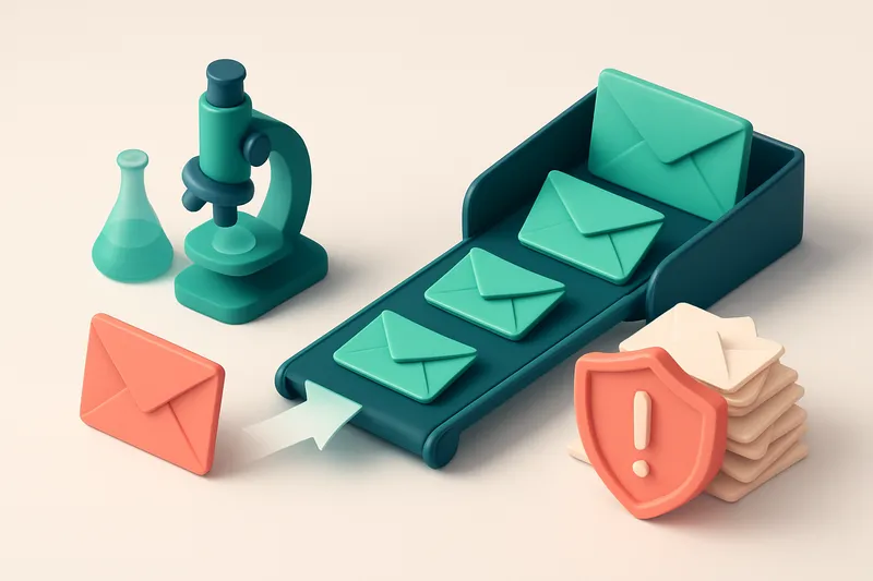 An isometric illustration of a medical research lab setup showing an email inbox with red 'invalid' envelopes being reje