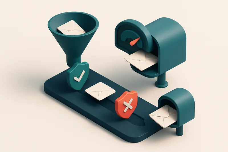 Hero: an isometric email delivery funnel with green shields labeled 'Valid' guiding envelopes through a secure path into