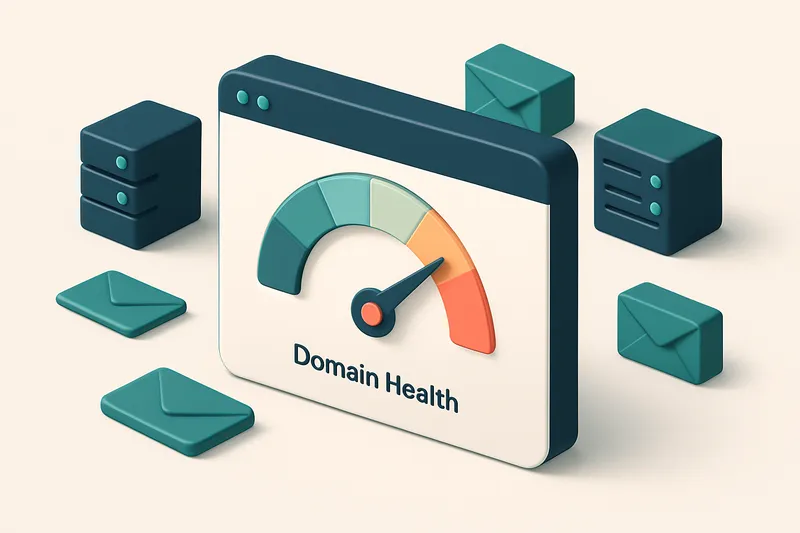 Hero: a digital dashboard with a gauge labeled 'Domain Health' and pinpointing critical areas like blacklist status, sur