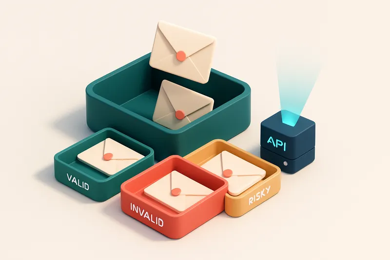 An isometric email inbox with envelopes being sorted into a green 'valid' tray, a red 'invalid' tray, and a yellow 'risk