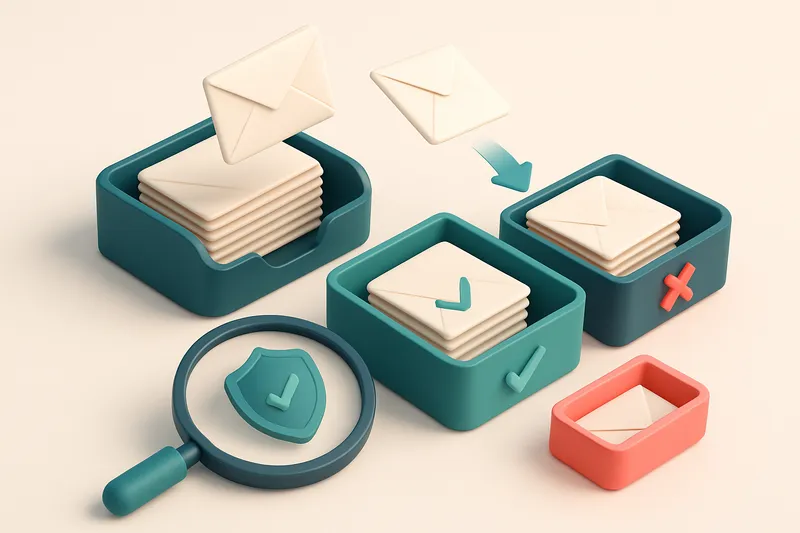 An isometric email inbox with envelopes being sorted onto a green 'valid' tray and a red 'invalid' tray, a magnifying gl