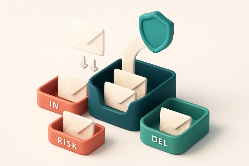An isometric email inbox with incoming envelopes labeled 'invalid' and 'risky' being diverted to red trays, while 'valid