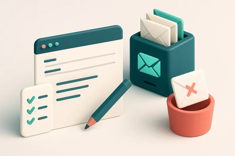 an isometric email draft interface with a pencil, a checklist, and a stack of envelopes being scanned by a server icon,