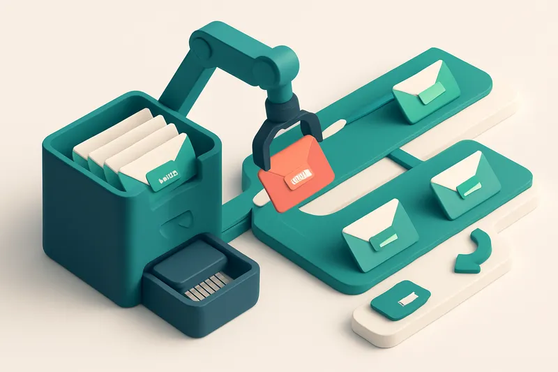 An isometric email inbox with envelopes labeled 'valid', 'invalid', 'catch-all', and 'risky' being sorted by a mechanica