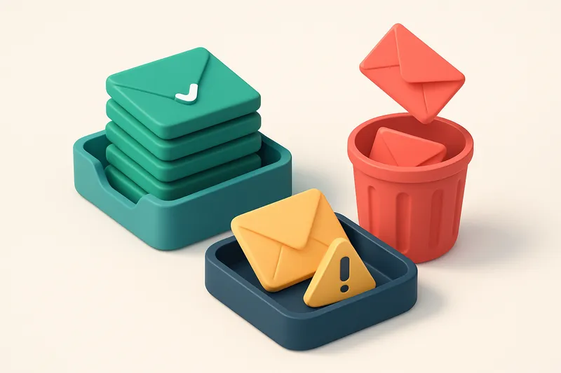 An isometric email inbox with envelopes labeled with different statuses — green 'valid' envelopes stack on a clean inbox