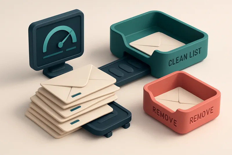 An isometric desktop setup showing a cluttered stack of physical envelopes labeled 'invalid', 'role', 'catch-all', and '