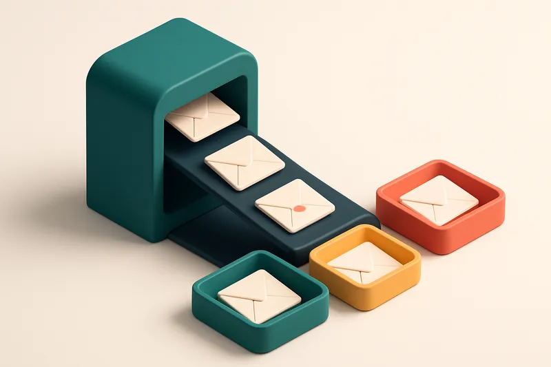 an isometric email inbox with envelopes sliding down a conveyor belt; valid emails drop into a green 'clean' tray, inval