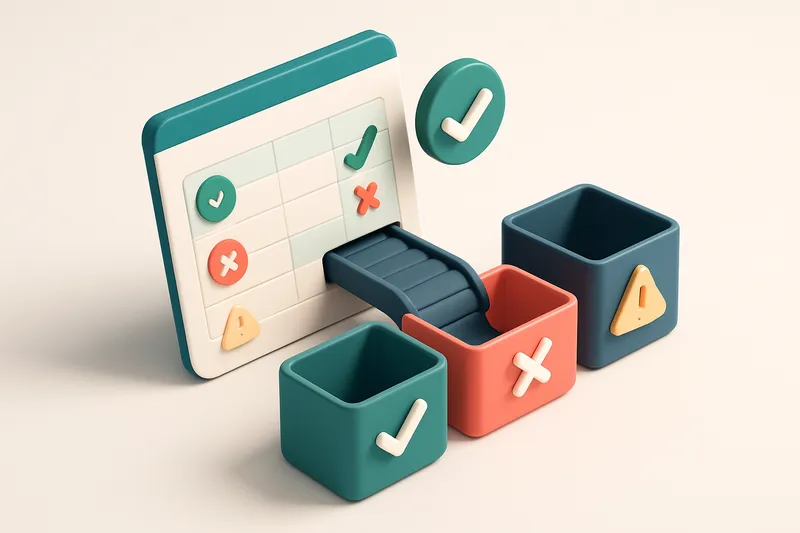 An isometric illustration of an Excel spreadsheet on a desk, with a green checkmark over a row labeled ‘Valid’, a red cr