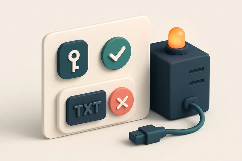 An isometric dashboard with a green 'valid' checkmark on a domain key icon, a red 'failed' icon beside a malformed TXT r