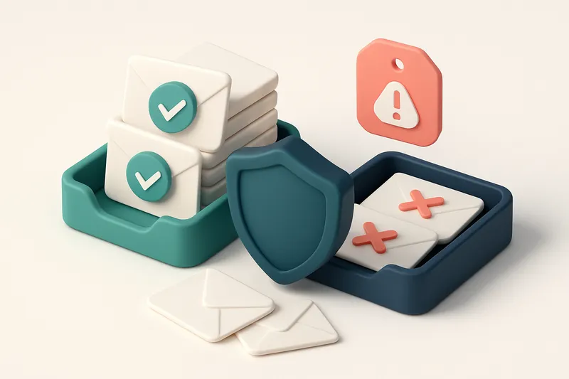 Hero: an isometric medical email inbox with green checkmarks stacked on a 'valid' tray, red crosses on an 'invalid' tray