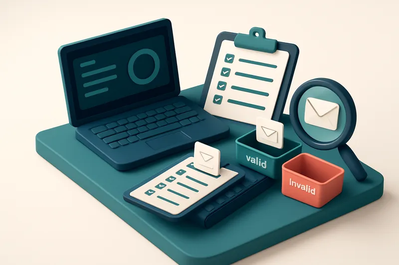 An isometric desk with a laptop displaying a dashboard showing 98.9% validation accuracy, a clipboard with a list of ema