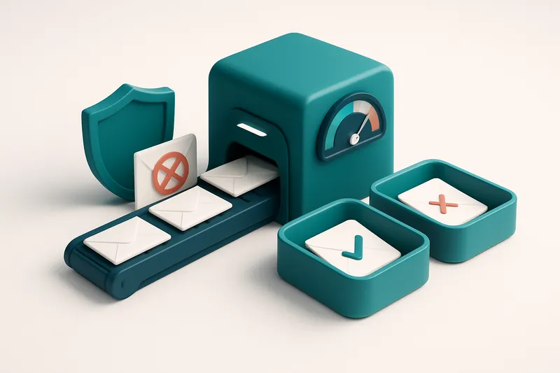 an isometric mail server with a conveyor belt feeding envelopes into a green 'valid' tray and a red 'invalid' tray, a sh