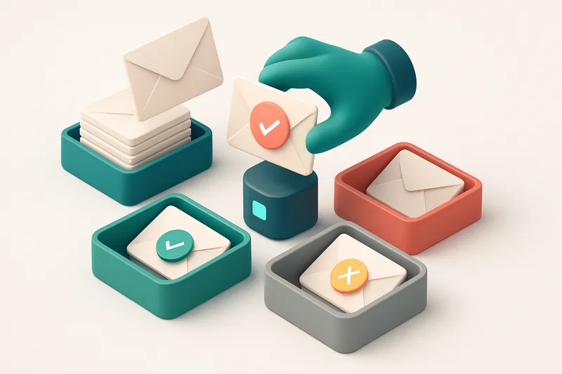 An isometric email inbox with envelopes being sorted into four trays: green (valid), red (invalid), yellow (risky), and