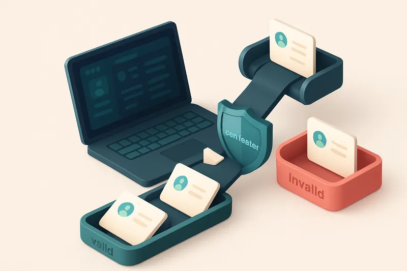 An isometric illustration of a recruiting team workstation: a laptop open to a recruitment dashboard, multiple envelopes