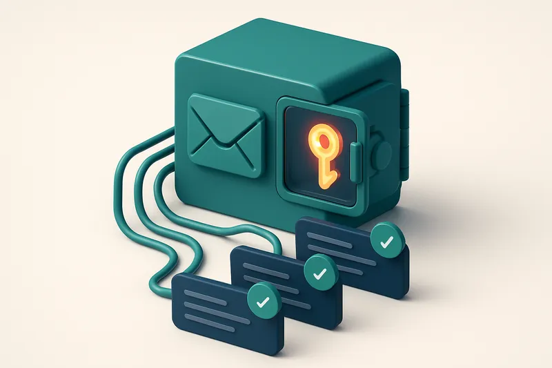 Hero: an isometric email server with a glowing key-shaped lock rotating inside a digital vault, connected via fiber-opti