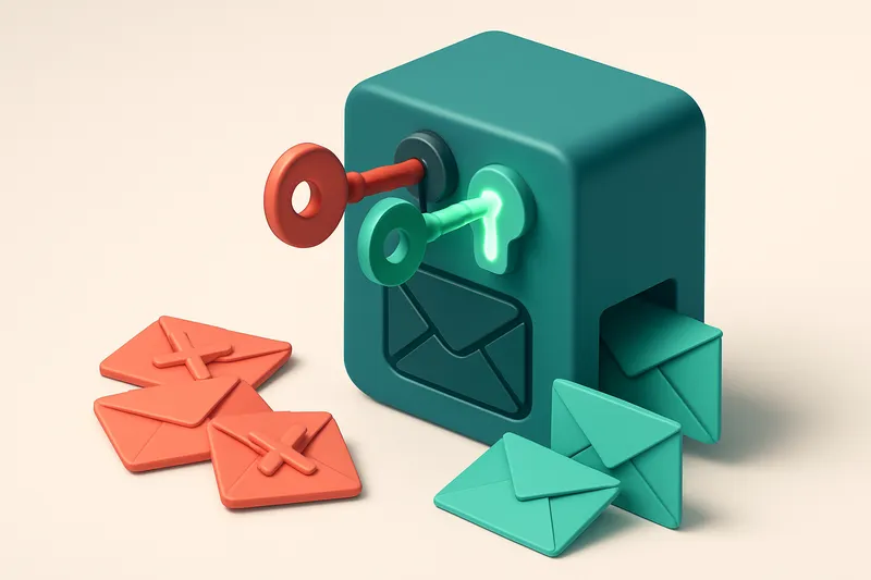 A 3D isometric view of a secure email server with two labeled keys—old (red, worn) and new (green, glowing)—inserted int