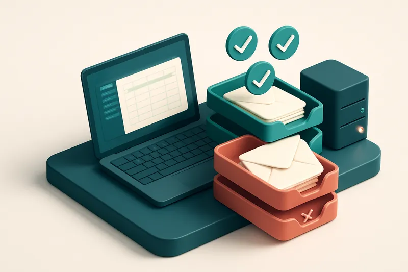 Hero: an isometric office desk with a laptop showing a spreadsheet, a green 'valid' tray stacking verified emails, a red