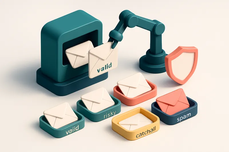 Hero: an isometric email inbox with envelopes labeled 'valid', 'risky', 'invalid', and 'catch-all' being sorted by a rob