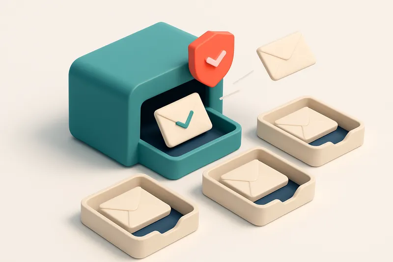 An isometric email inbox with envelopes labeled 'Valid', 'Invalid', 'Catch-all', and 'Risky' being sorted onto separate