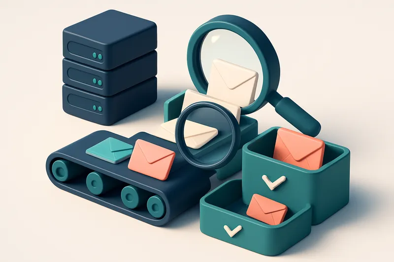 Hero: an isometric digital dashboard with a conveyor belt feeding colorful envelopes into two bins—one green labeled 'Va