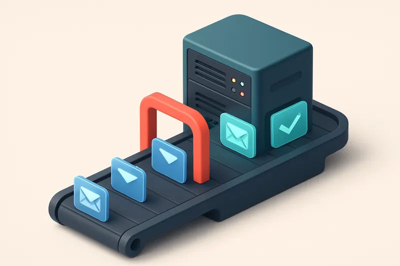 An isometric game server rack with green 'valid' emails being confirmed and blue 'risky' or 'invalid' ones rejected by a